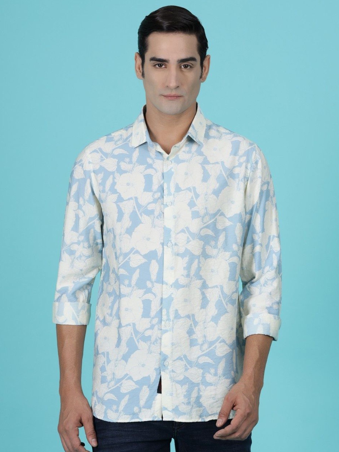 

Gavin Paris Men Original Spread Collar Floral Printed Cotton Casual Shirt, Blue