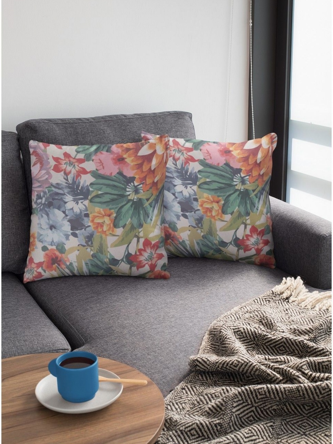 

THEYAYACAFE Green & Orange 2 Pieces Floral Velvet Square Cushion Covers