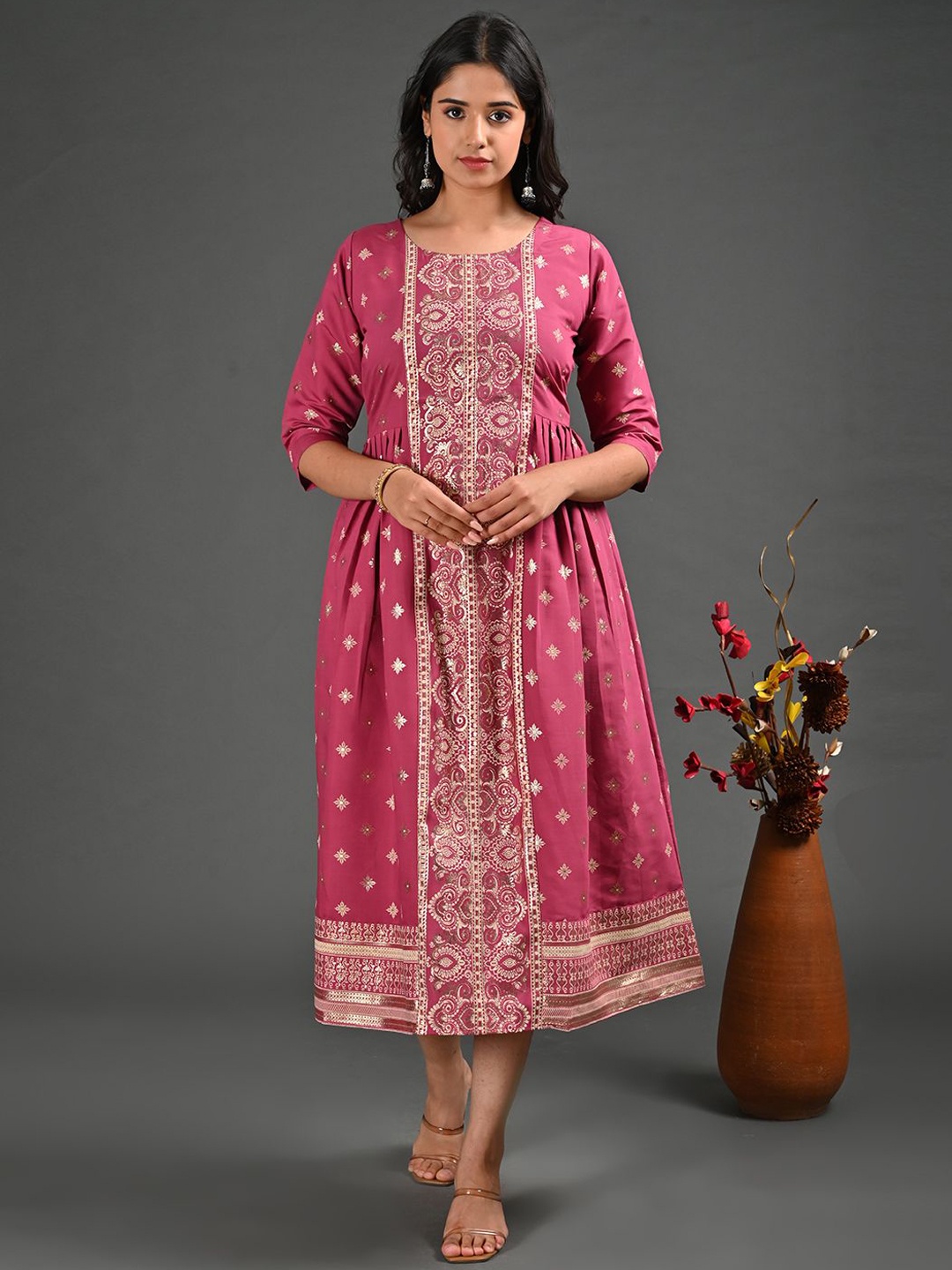 

GOLDSTROMS Ethnic Motifs Printed Round Neck A-Line Kurta, Pink