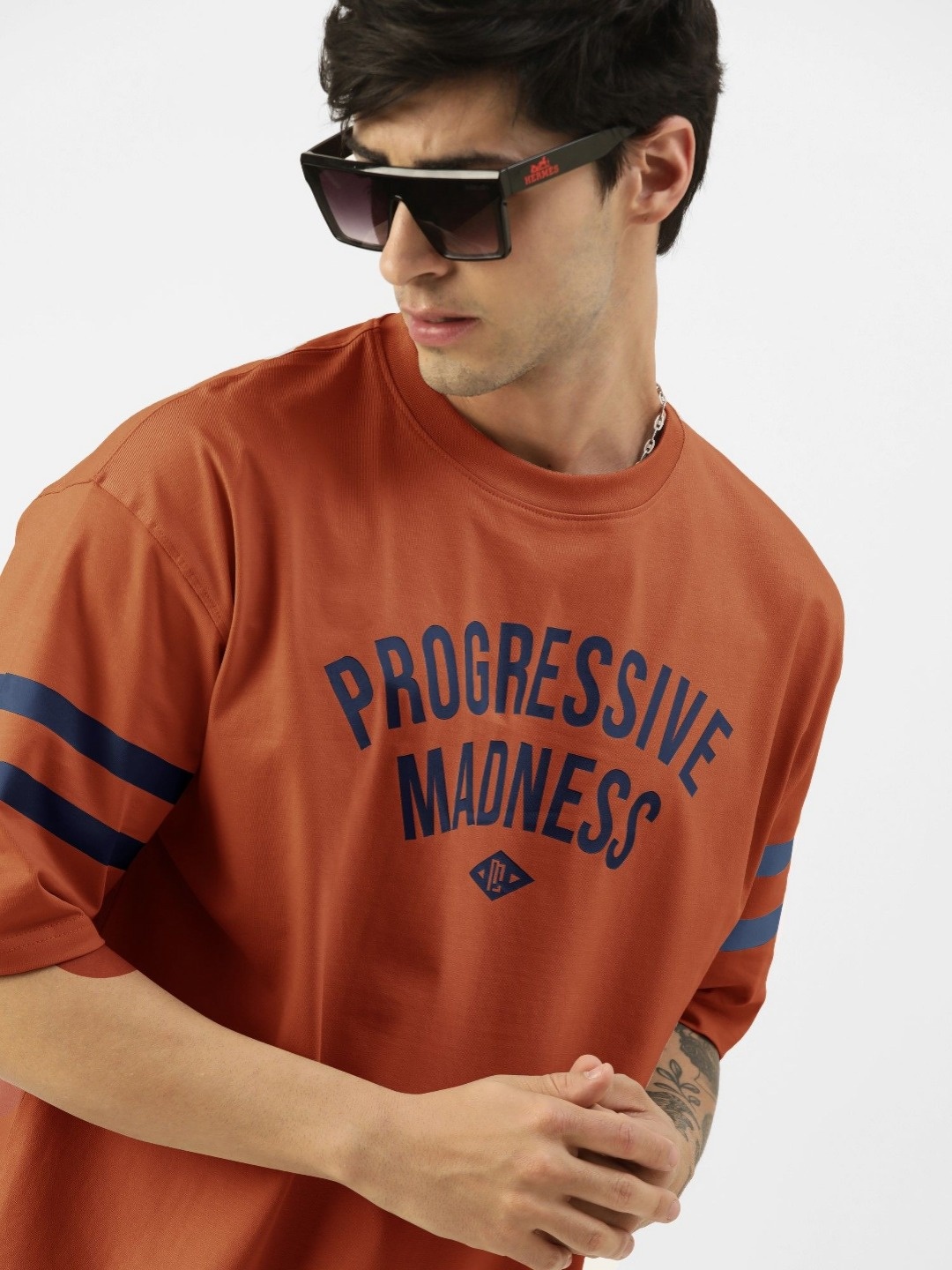 

Maniac Men Typography Printed Round Neck Cotton Oversized T-shirt, Rust