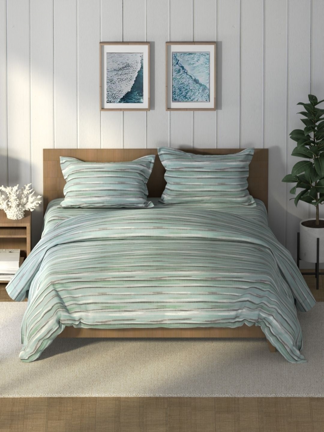 

Nautica Green & White Striped Pure Cotton AC Room Double Queen Bedding Set