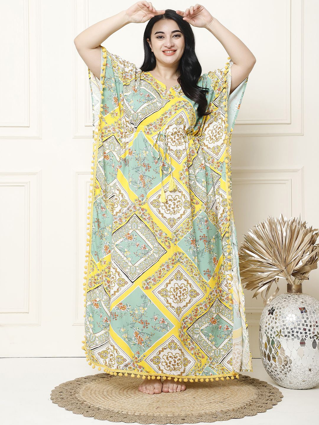 

Secret Wish Women Floral Printed Pure Cotton Maxi Nightdress, Yellow