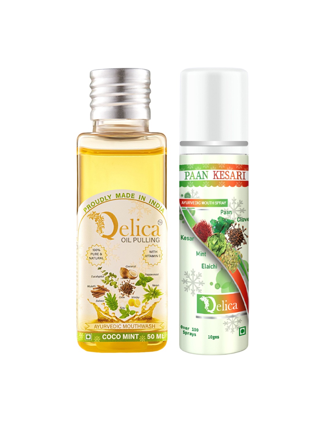 

Qelica Set Of 2 Ayurvedic Oil Pulling-50ml With Mouth Freshener Spray-10ml, Green