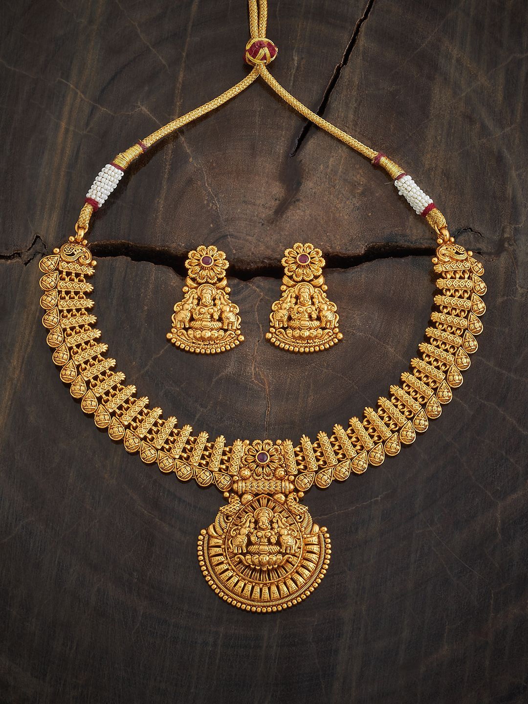 

Kushal's Fashion Jewellery Gold-Plated Ruby Studded Ethnic Antique Jewellery Set