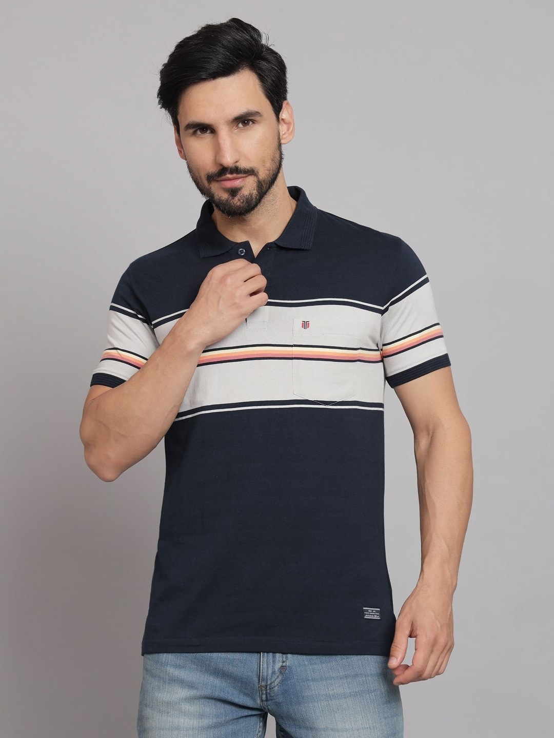 

URBAN TRAIL Men Colourblocked Polo Collar Cotton T-shirt, Navy blue