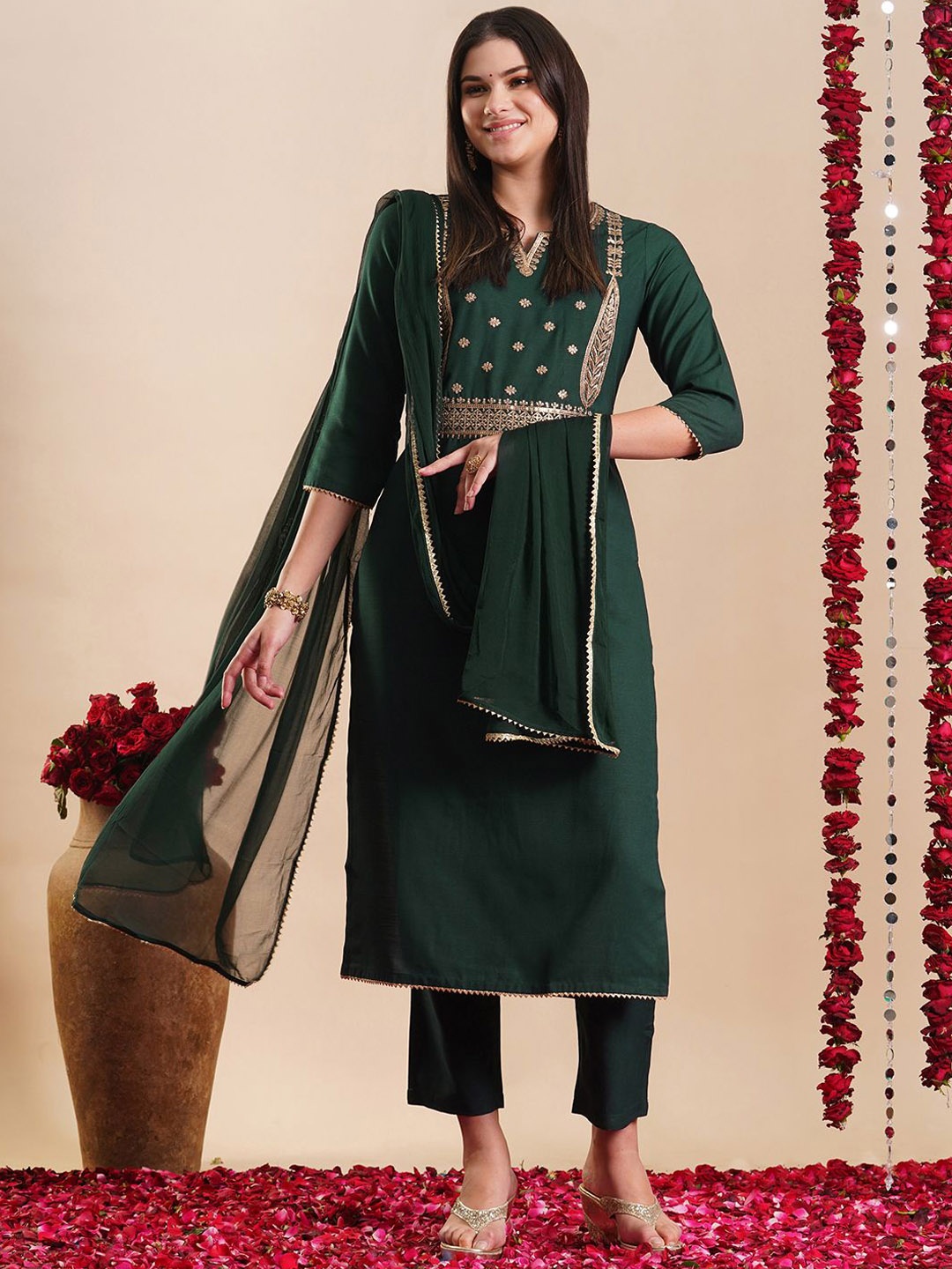 

KALINI Floral Embroidered Gotta Patti Kurta with Trousers & Dupatta, Green