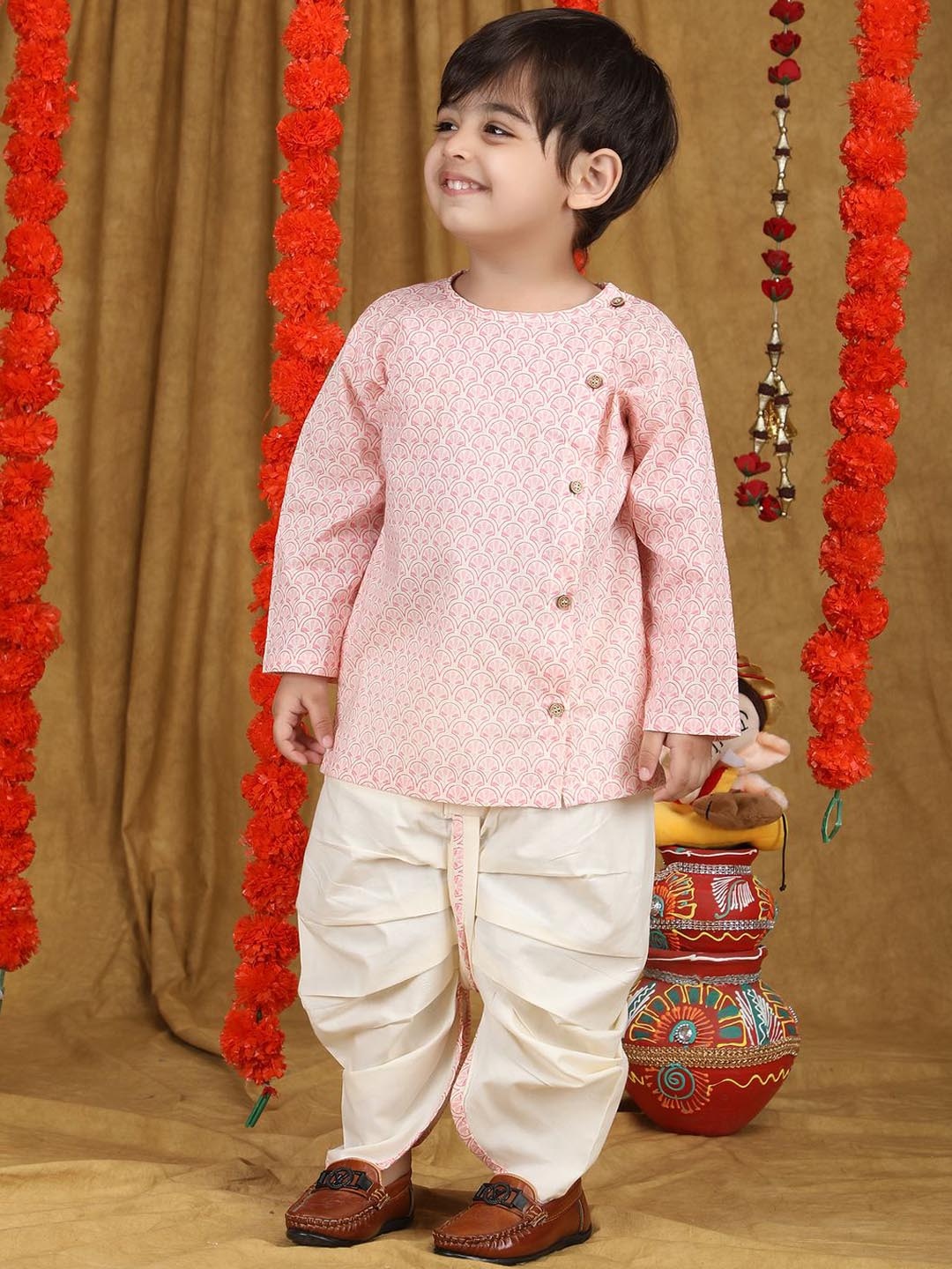 

Polka Tots Boys Printed Pure Cotton Straight Kurta with Dhoti Pants, Pink