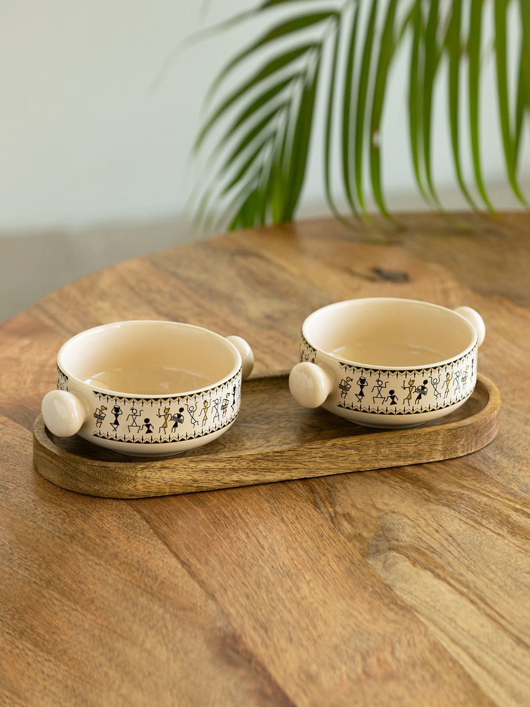 

ExclusiveLane Off White & Black 2 Pieces Printed Ceramic Serving Bowls With Tray