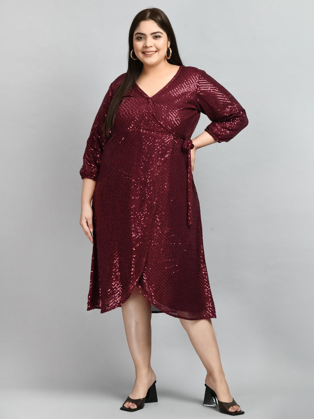 

PrettyPlus by Desinoor.com Women Embellished Sequence Wrap Midi Dress, Burgundy