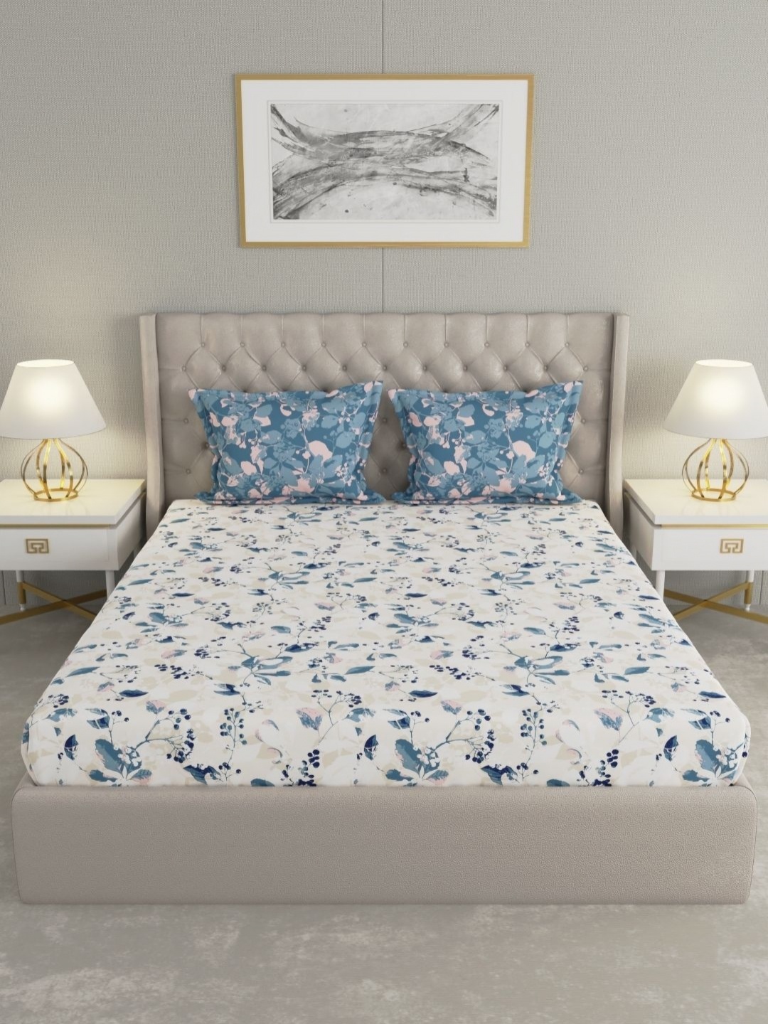 

Raymond Home Camphor Navy Blue Printed Cotton 144 TC Queen Bedsheet With 2 Pillow Covers