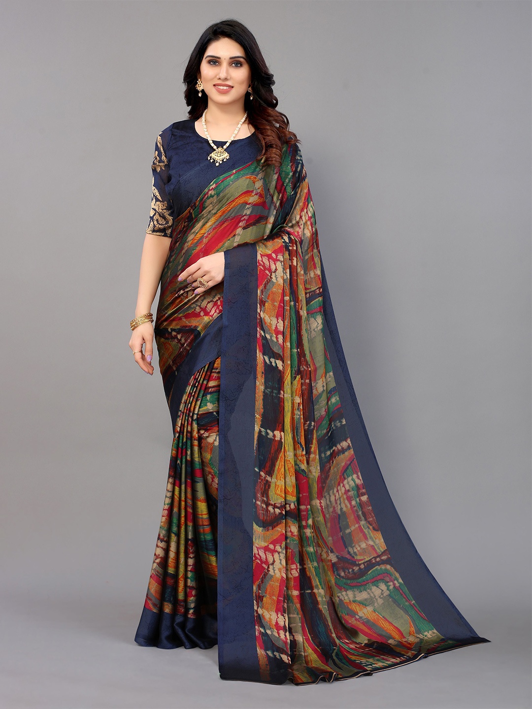 

VIRICA Abstract Printed Saree With Blouse Piece, Blue