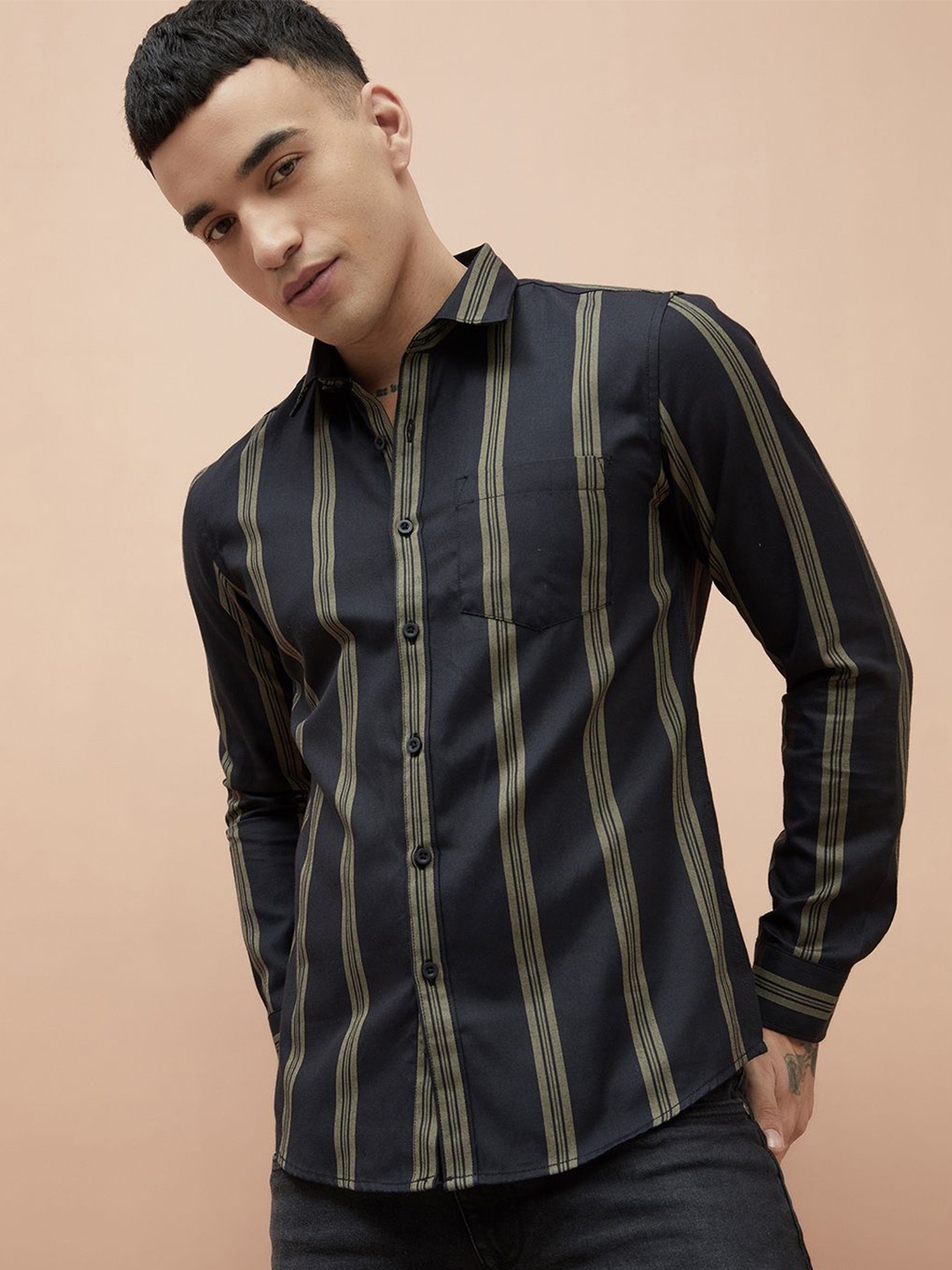 

Fame Forever by Lifestyle Men Spread Collar Vertical Striped Cotton Casual Shirt, Black