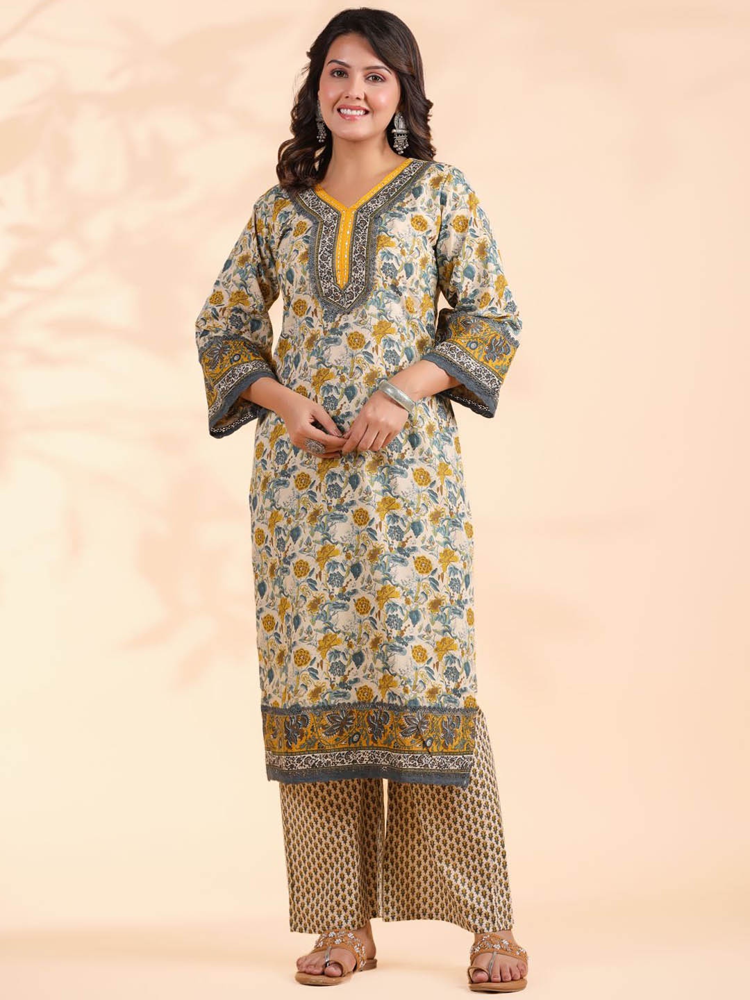 

Vbuyz Floral PrintedPure Cotton Kurta with Palazzos & Dupatta, Yellow