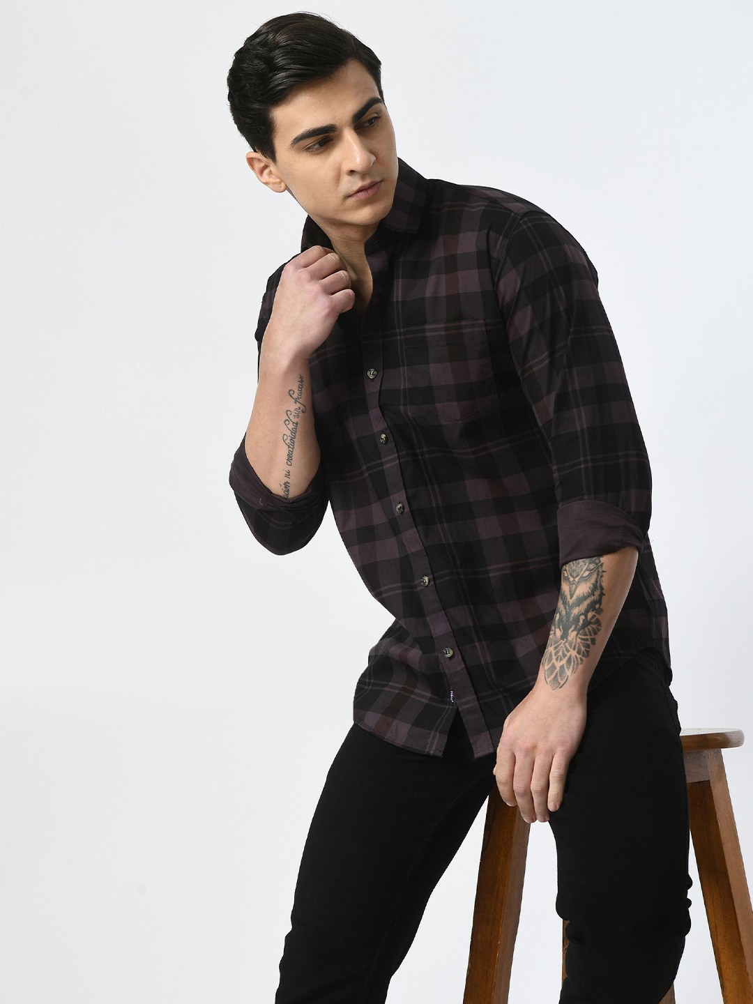 

PEBCO Men Classic Spread Collar Tartan Checked Cotton Slim Fit Casual Shirt, Brown