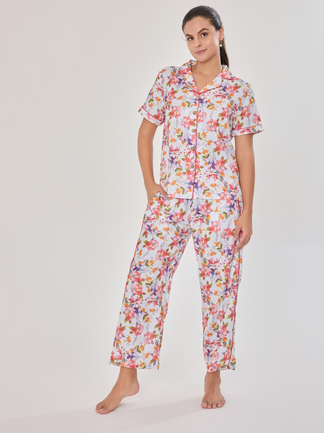 

Urban Sundari Women Floral Printed Pure Cotton Night suit, White