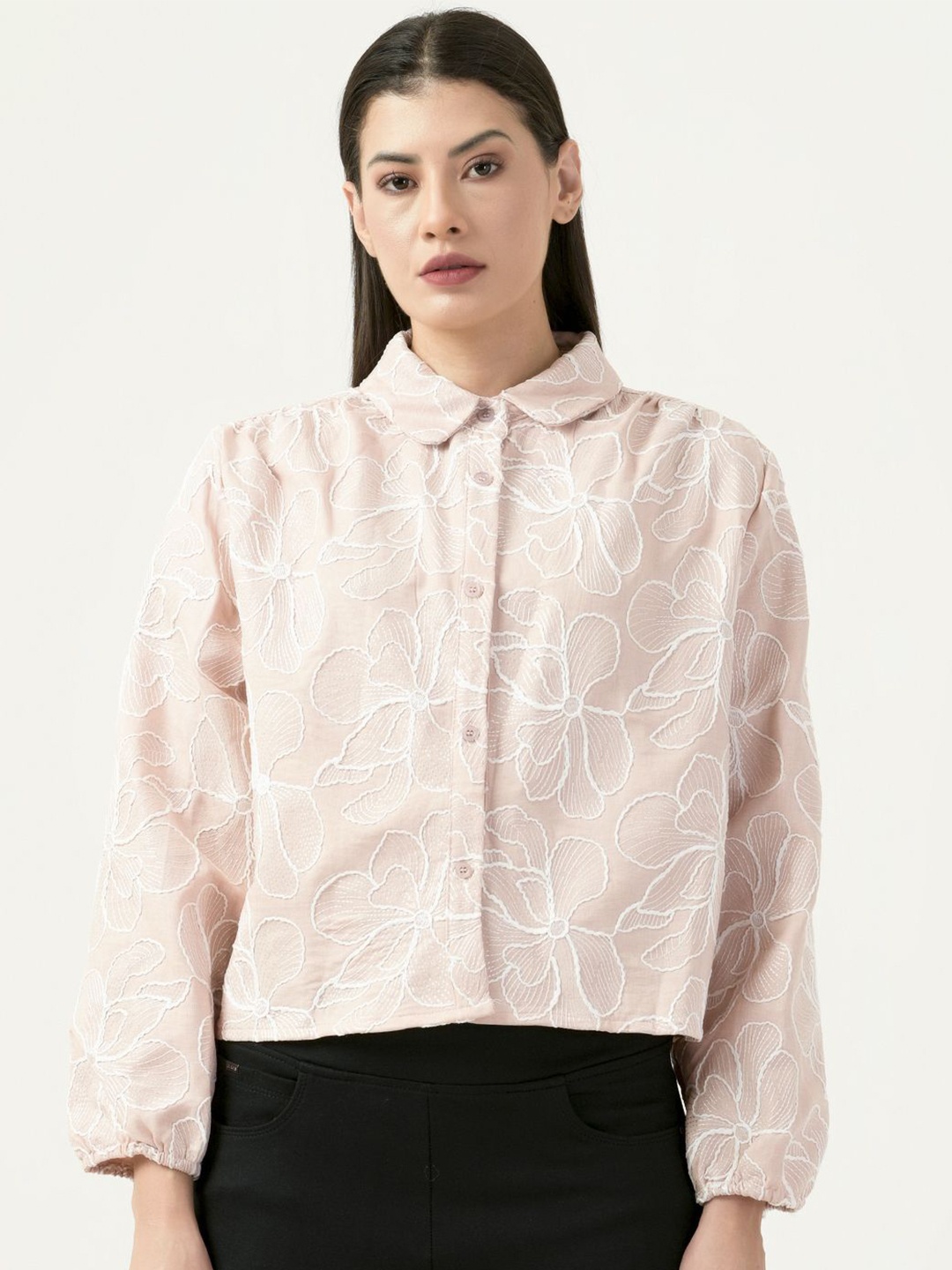 

Albion By CnM Women Spread Collar Floral Printed Polycotton Casual Shirt, Peach