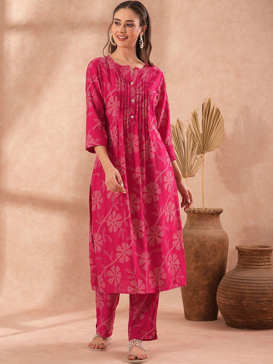 

FASHOR Bandhani Printed Pleated A-Line Kurta With Trouser, Pink