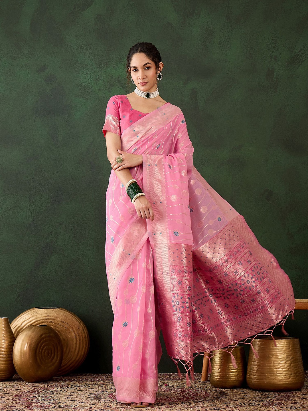 

Sangria Woven Design Banarasi Saree With Blouse Piece, Pink