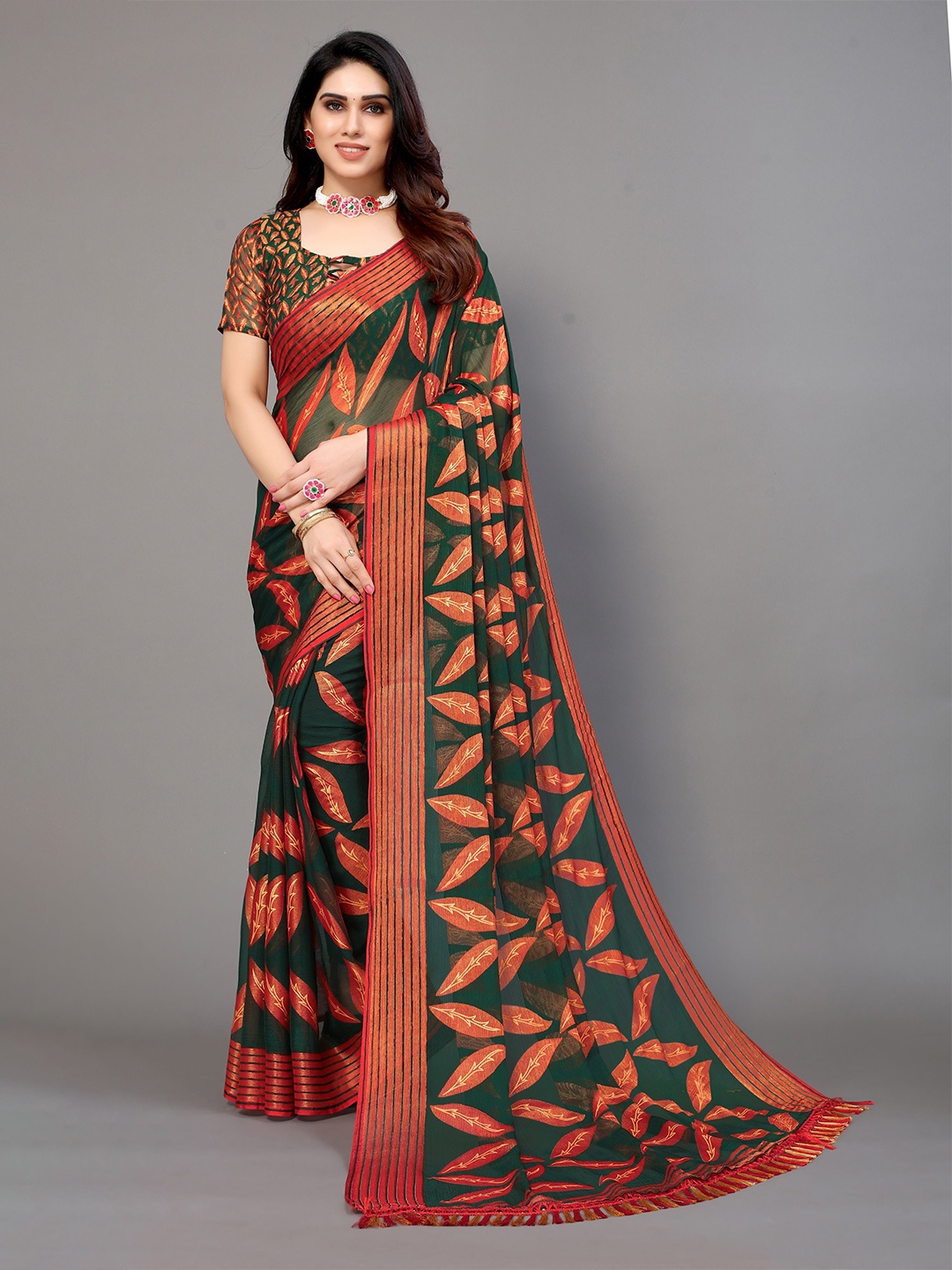 

VIRICA Floral Printed Brasso Saree, Green