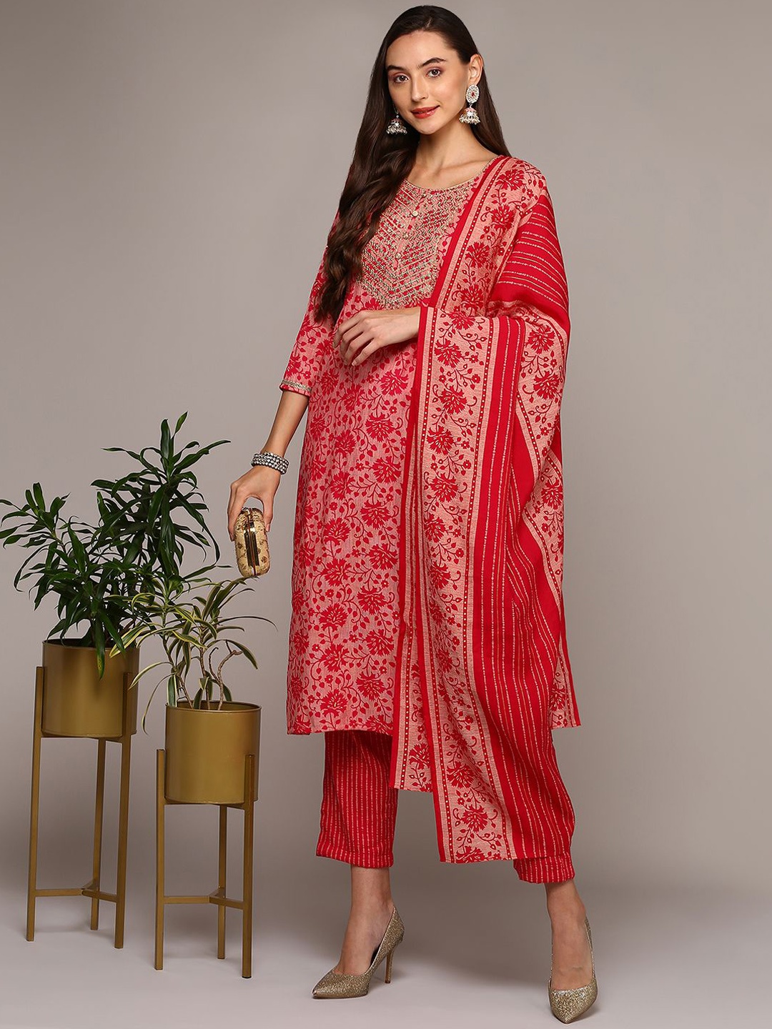 

KALINI Floral Embroidered Sequinned Straight Kurta With Trousers & Dupatta, Pink