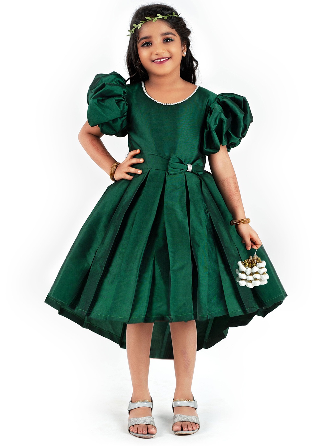 

STANWELLS KIDS Girls Puff Sleeve Fit & Flare Dress, Green