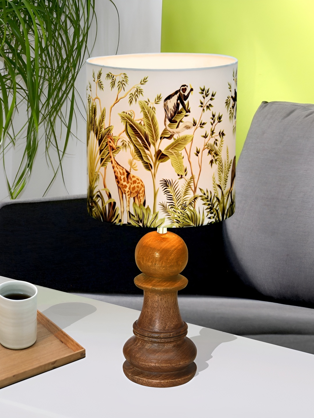 

Homesake Green & Brown Printed Wooden Cylindrical Table Lamp With Bulb