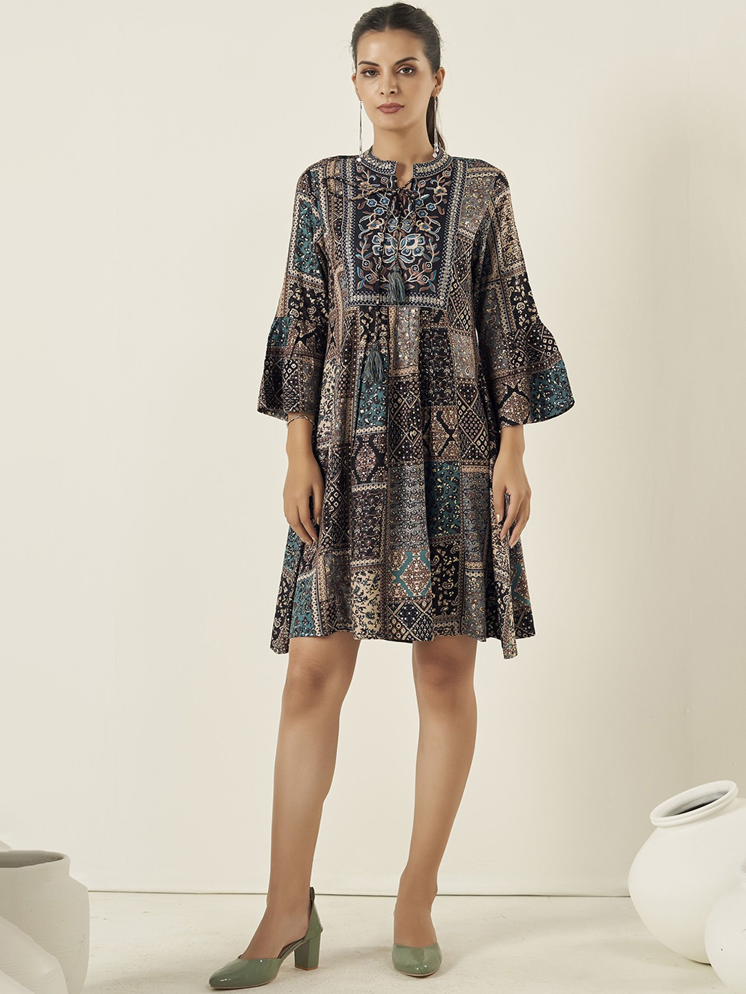 

Anouk Floral Embroidered A-Line Knee-Length Dresses, Black
