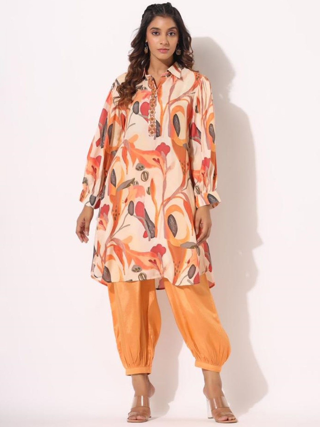 

AUTUMN LANE Floral Printed Cotton Silk A-Line Kurta With Salwar, Orange