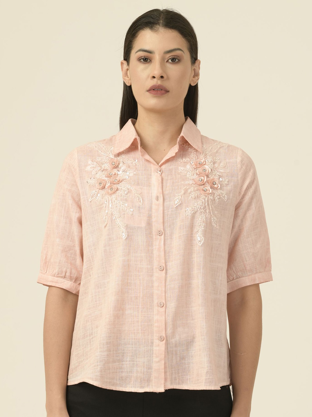 

Albion By CnM Women Floral Printed Shirt Collar Top, Peach