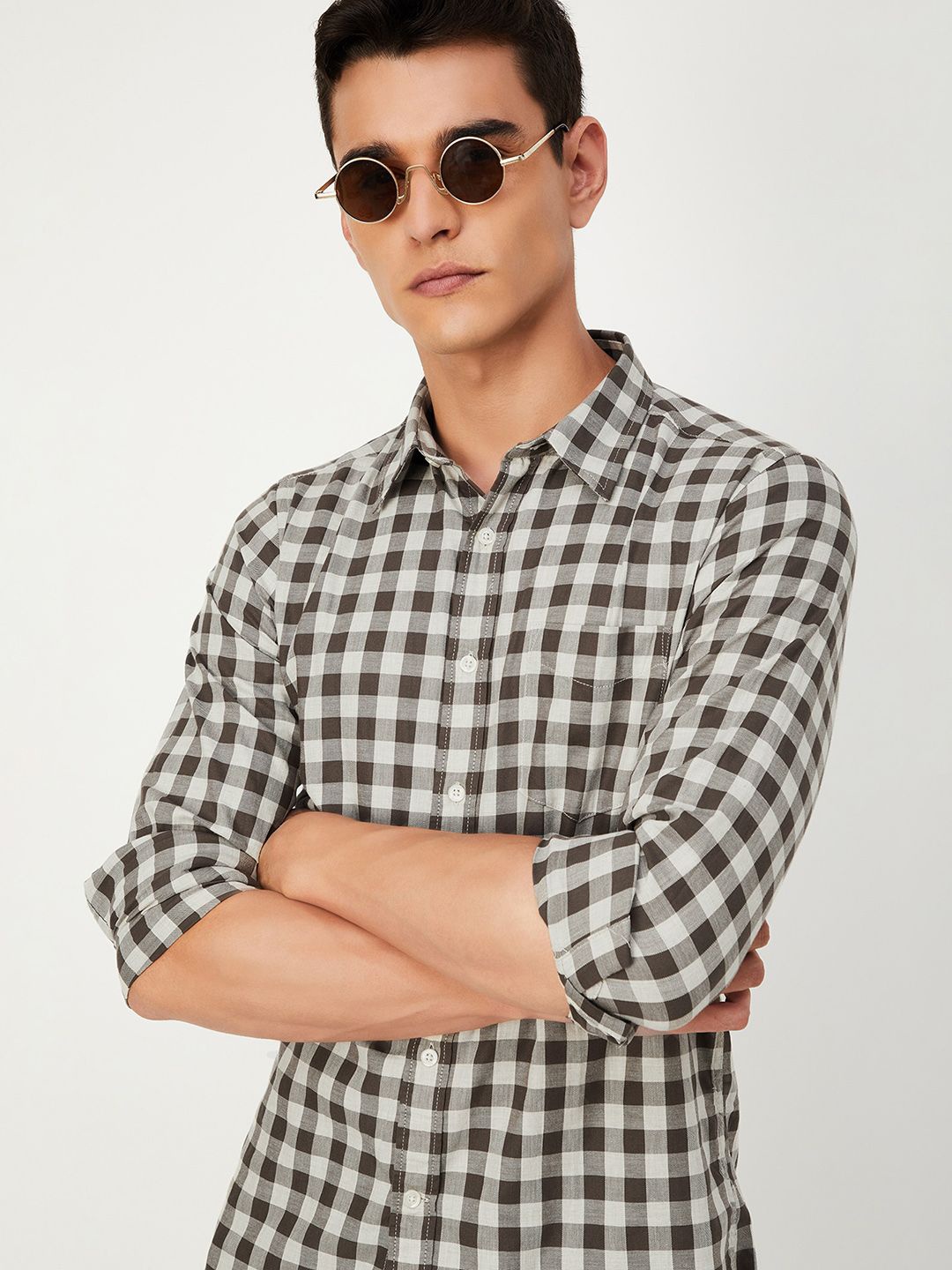 

max Men Spread Collar Gingham Checked Cotton Casual Shirt, Brown