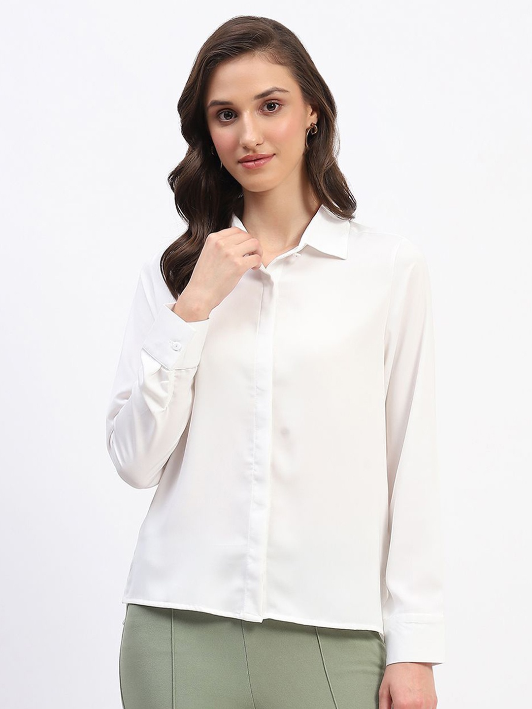 

Madame Women Spread Collar Solid Relaxed Fit Casual Shirt, White