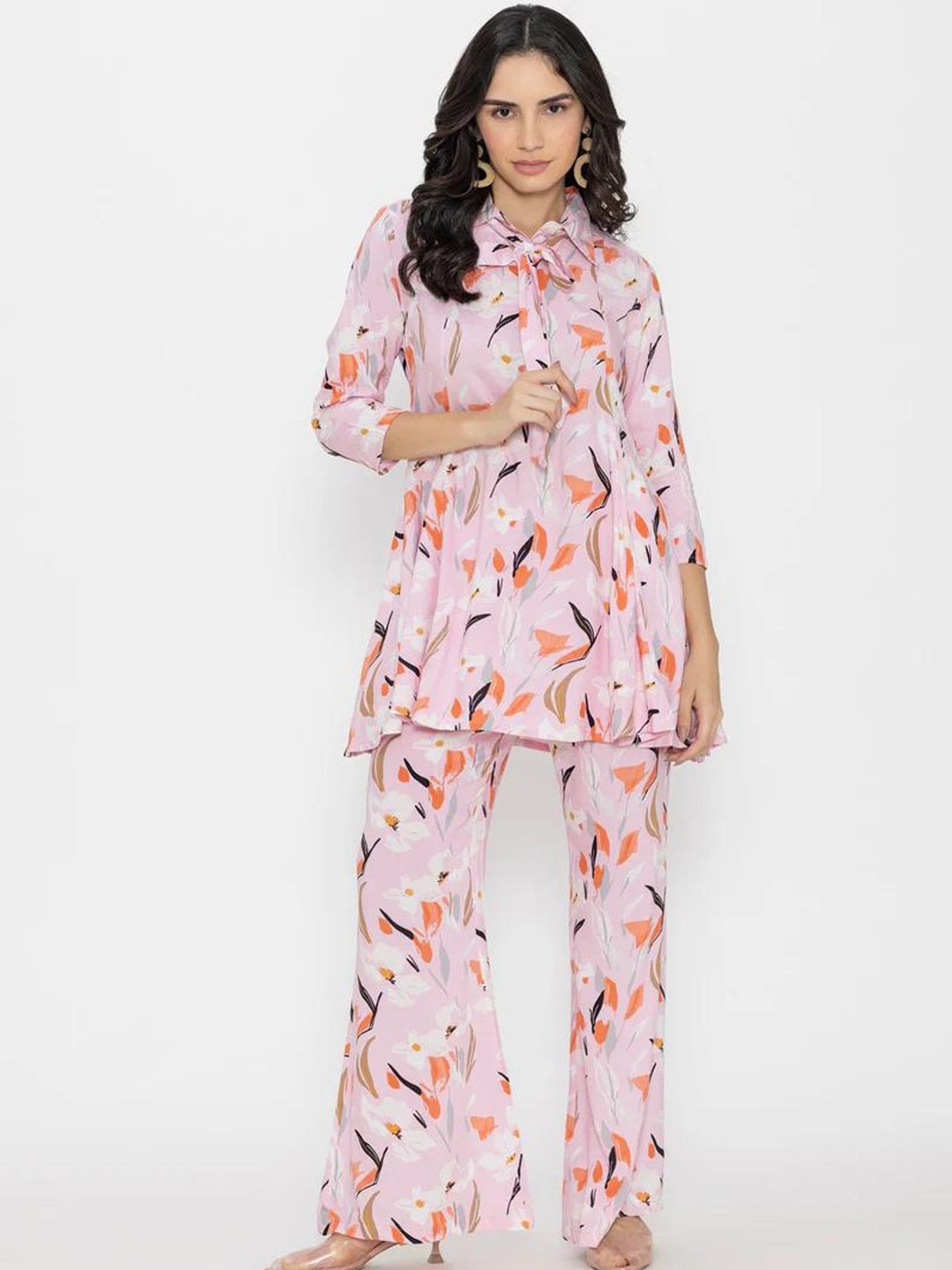

DESIGNS BY QUEEN BEE Floral Printed Pure Cotton Tunic With Trousers, Pink