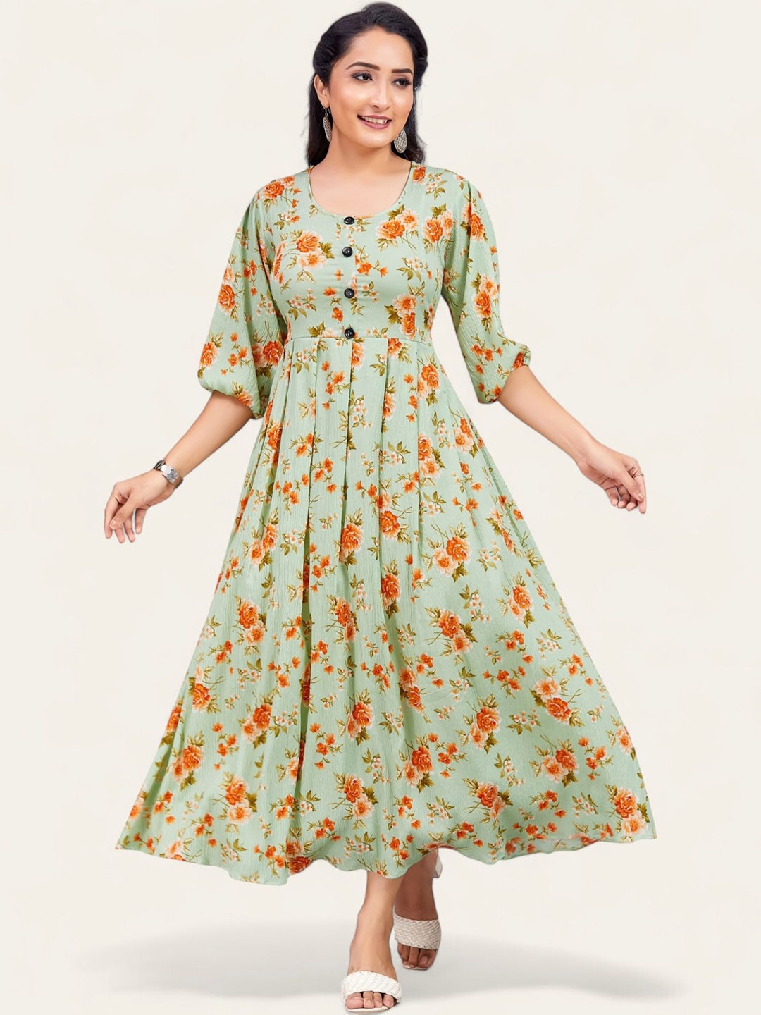 

PAMPER YOURSELF Floral Printed Puff Sleeves Fit & Flare Maxi Dress, Sea green