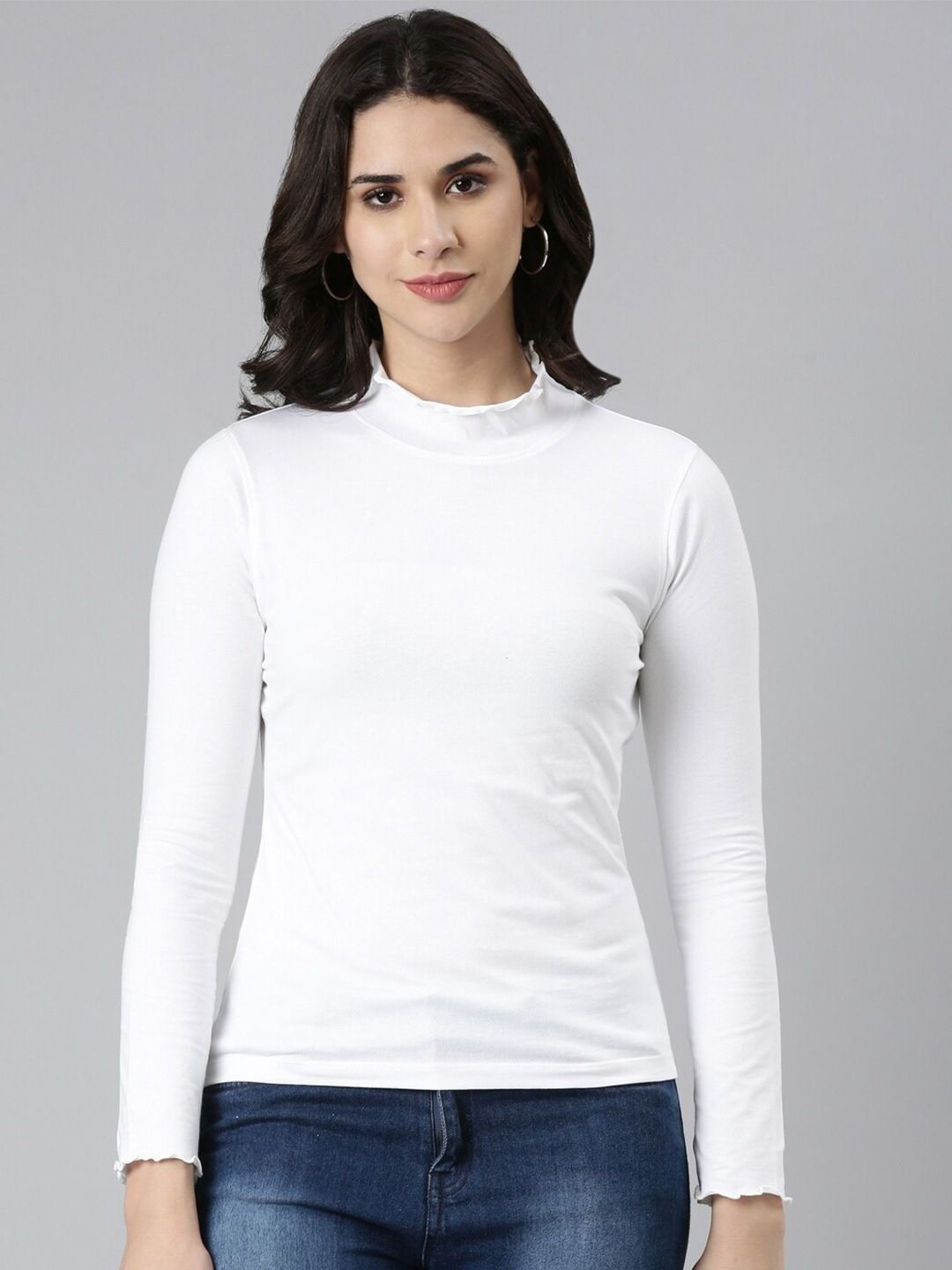 

TWIN BIRDS Women Solid High Neck Cotton Slim Fit T-shirt, White