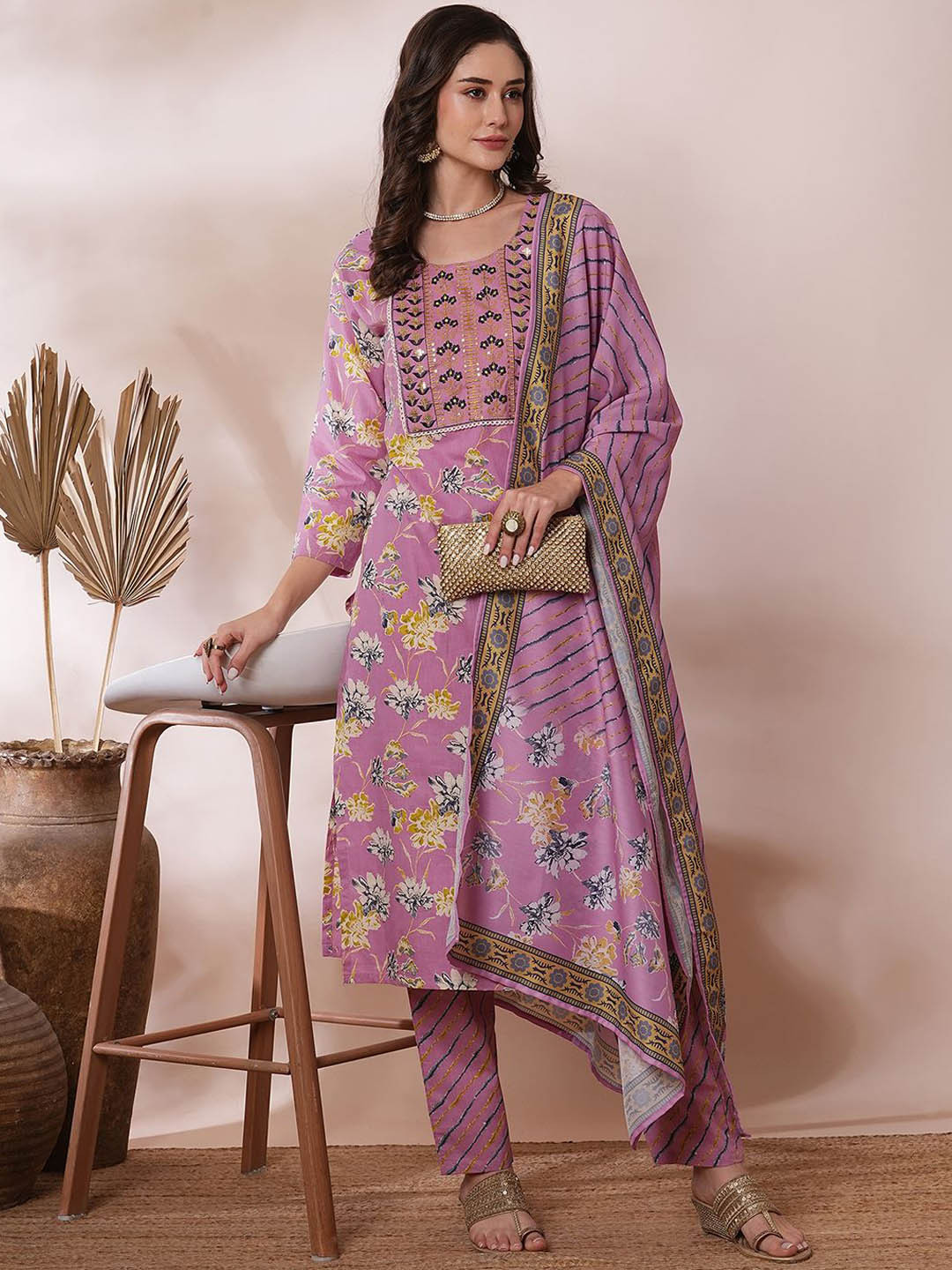 

KALINI Floral Embroidered Thread Work Pure Cotton Straight Kurta With Trousers & Dupatta, Pink