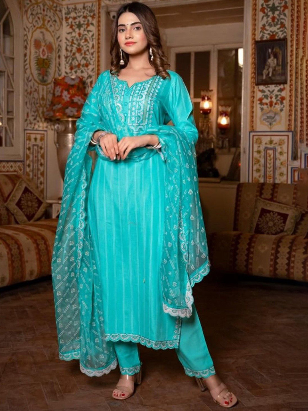 

AUTUMN LANE Embroidered Regular Pure Cotton Straight Kurta with Trousers & Dupatta, Blue