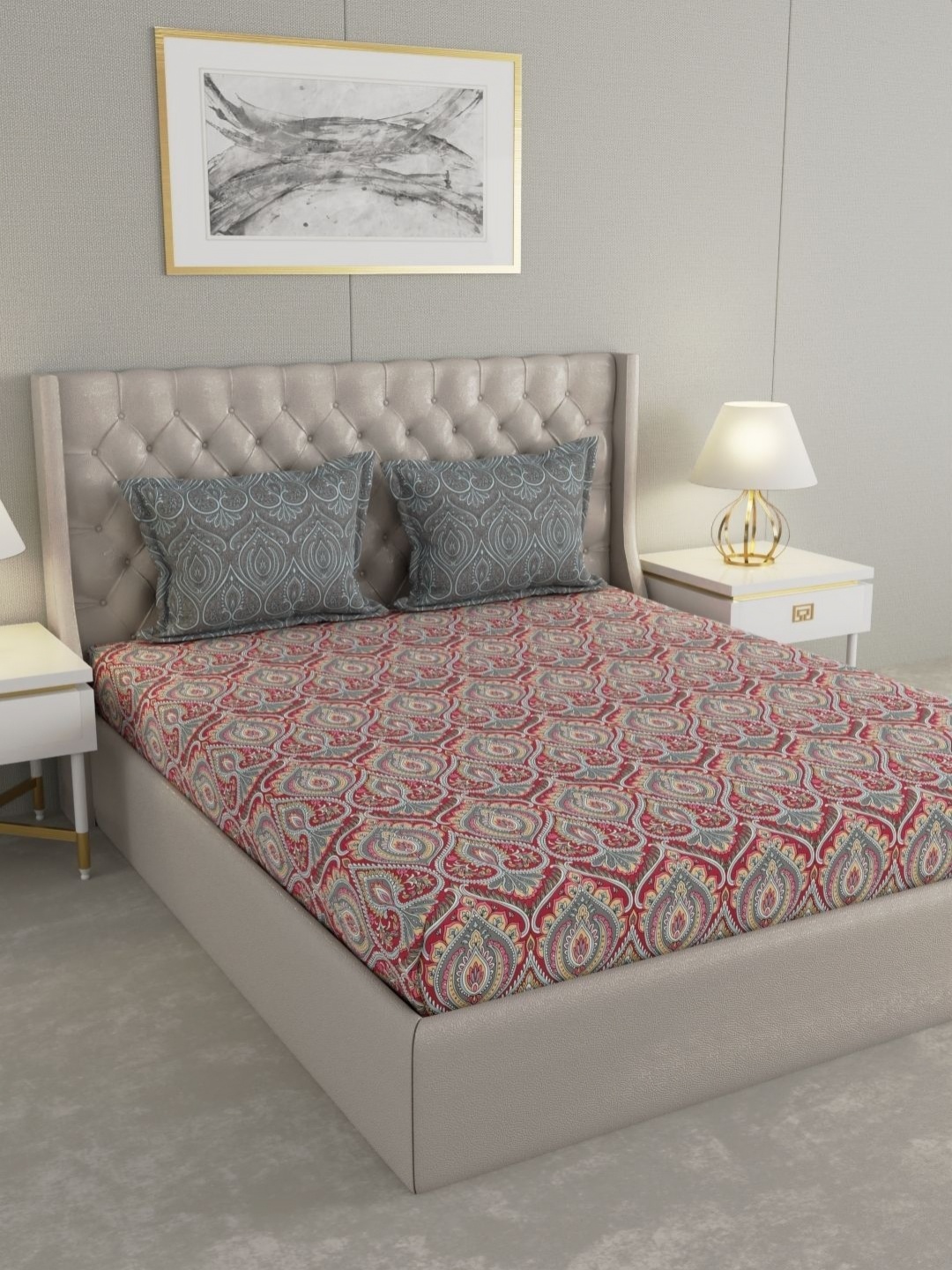 

Raymond Home Camphor Grey Printed Cotton 144 TC Queen Bedsheet With 2 Pillow Covers