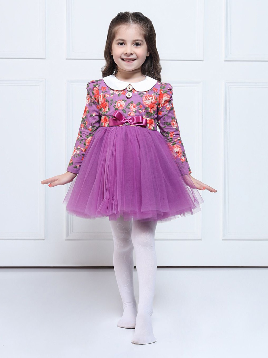 

THE PONY & PEONY CO. Girls Floral Printed Puff Sleeves Fit and Flare Dress, Purple