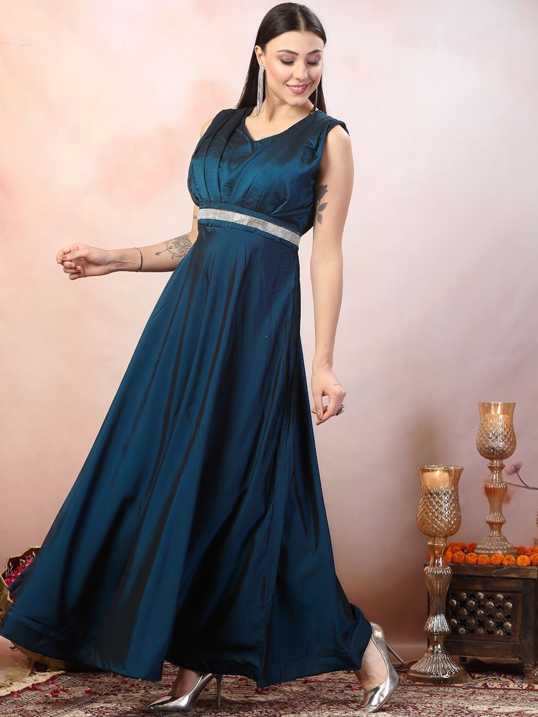 

Stylum Gown Women Sleeveless Solid Party Wear Satin Gown Dresses, Teal