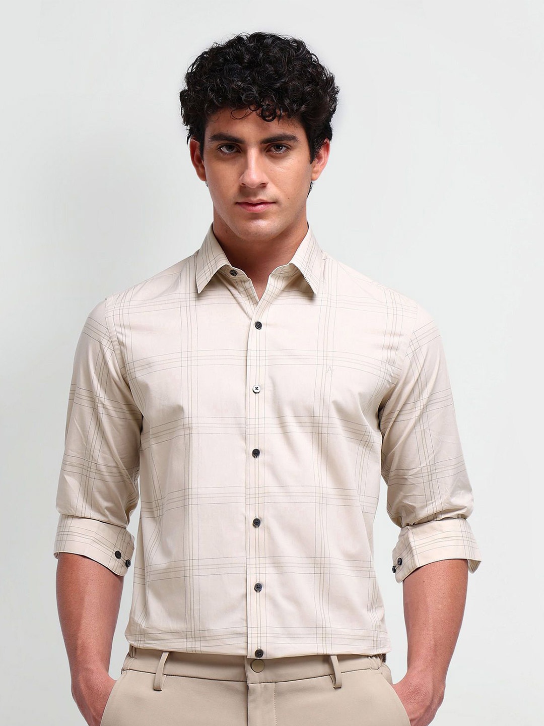 

Arrow New York Men Comfort Spread Collar Windowpane Checked Cotton Slim Fit Formal Shirt, Khaki