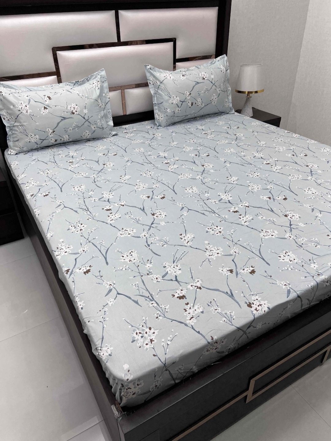 

Pure Decor Sapphire Blue & White Floral Fitted Cotton 400TC King Bedsheet & 2 PillowCovers