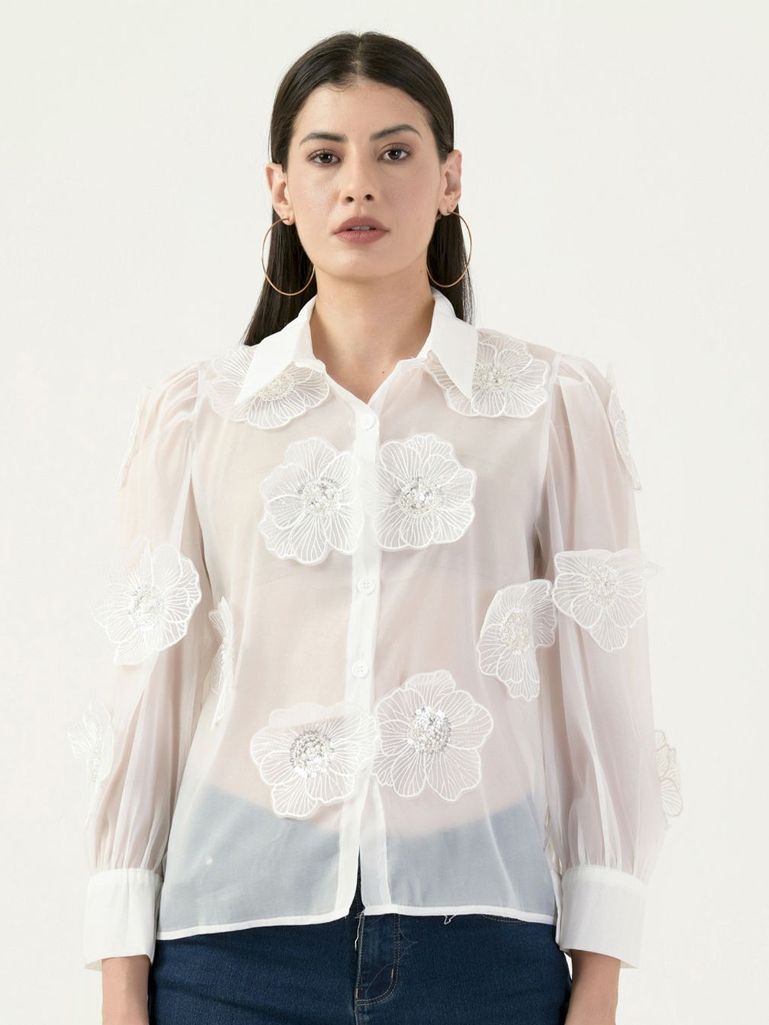 

Albion By CnM Women Spread Collar Floral Printed Polycotton Casual Shirt, White