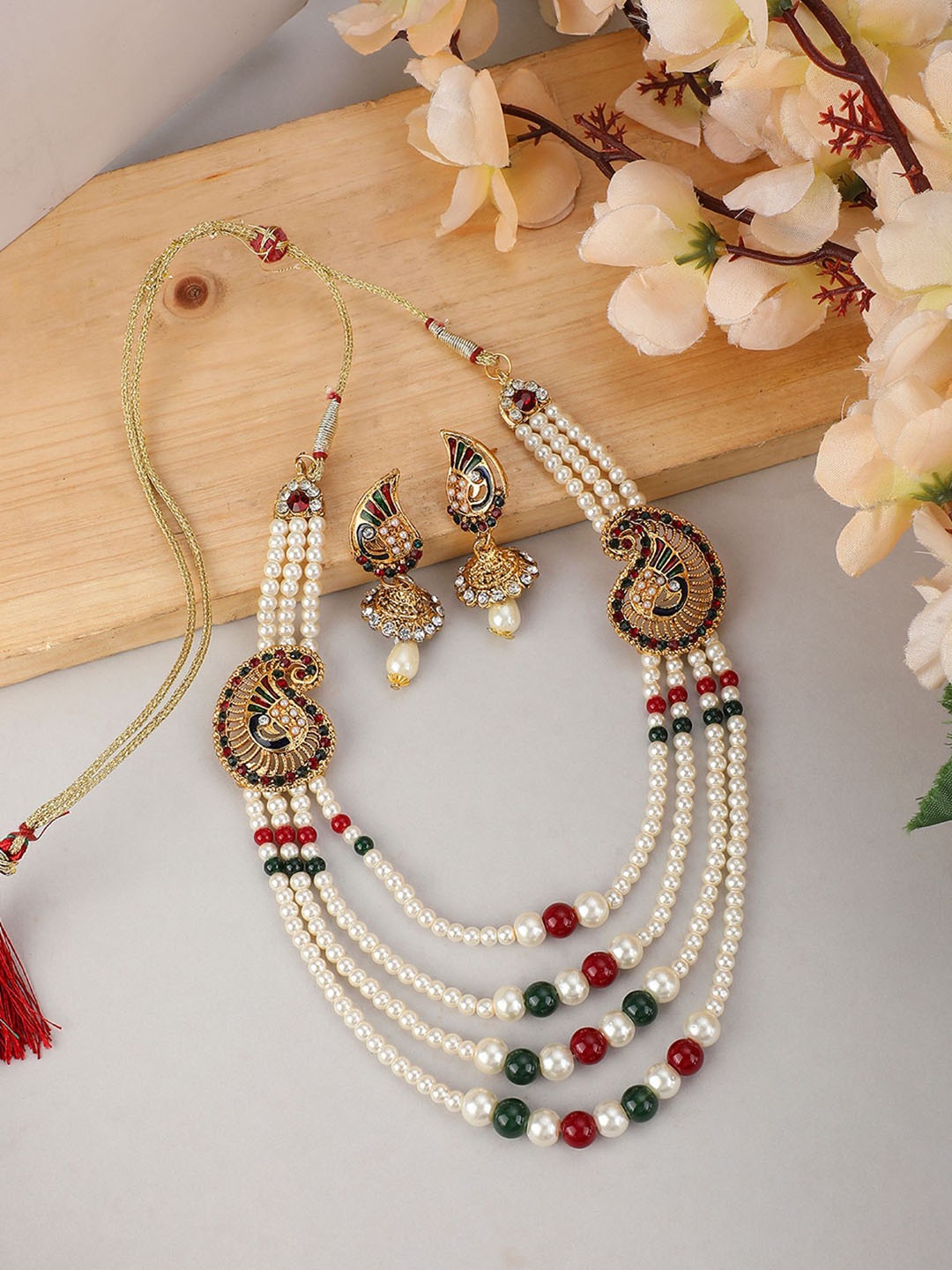 

ANIKAS CREATION Gold-Plated Stone-Studded & Beaded Necklace & Earrings