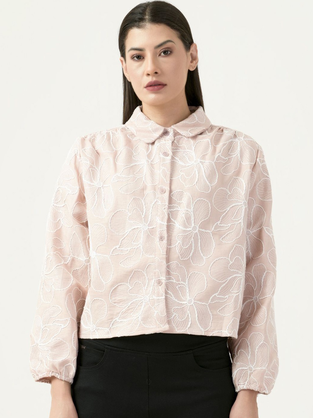 

Albion By CnM Women Spread Collar Floral Printed Polycotton Casual Shirt, Peach