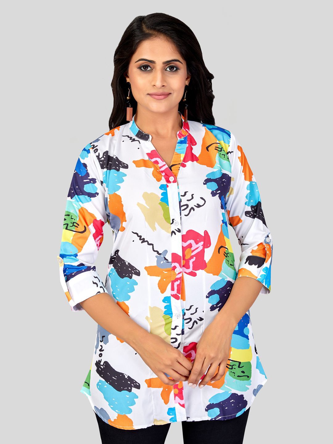 

Saree Swarg Mandarin Collar Printed Tunic, White