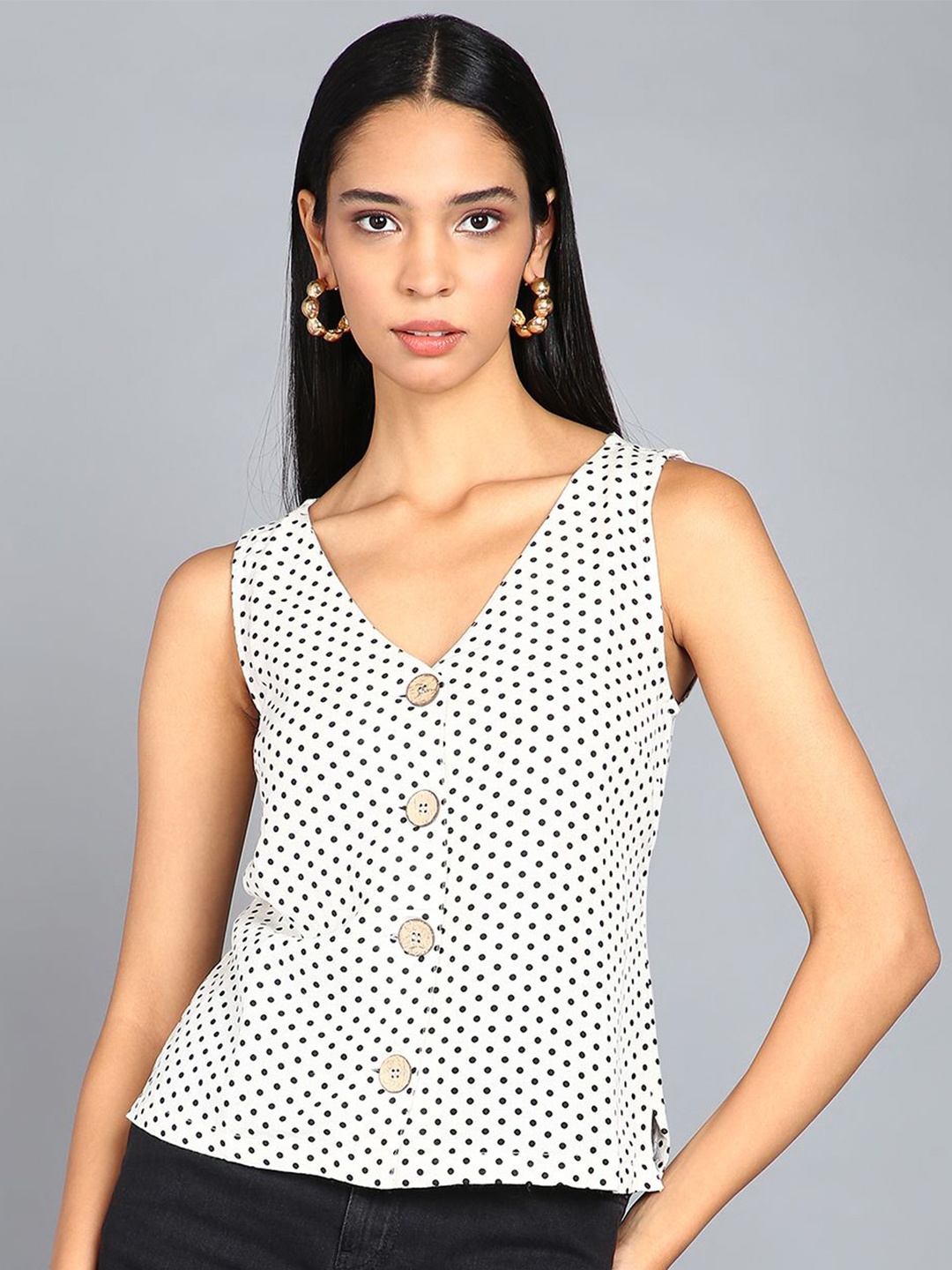 

SAFFE Women Polka Dots Printed V-Neck Top, Off white