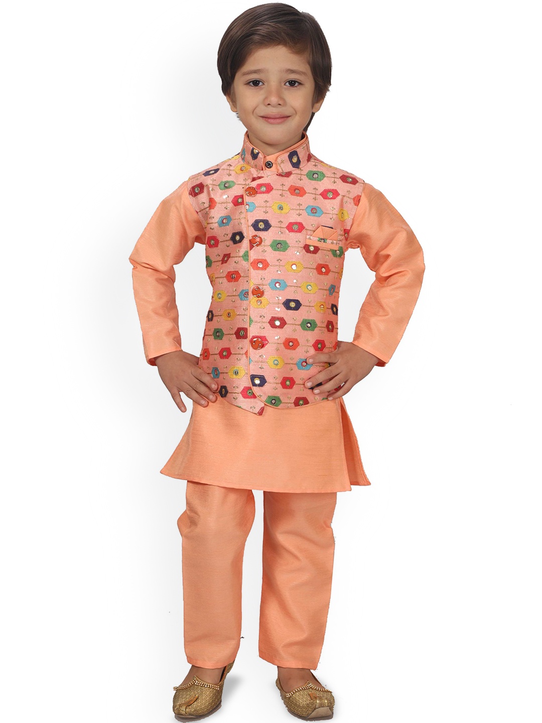 

Arshia Fashions Boys Band Collar Regular Straight Kurta with Pyjamas & Waistcoat, Peach