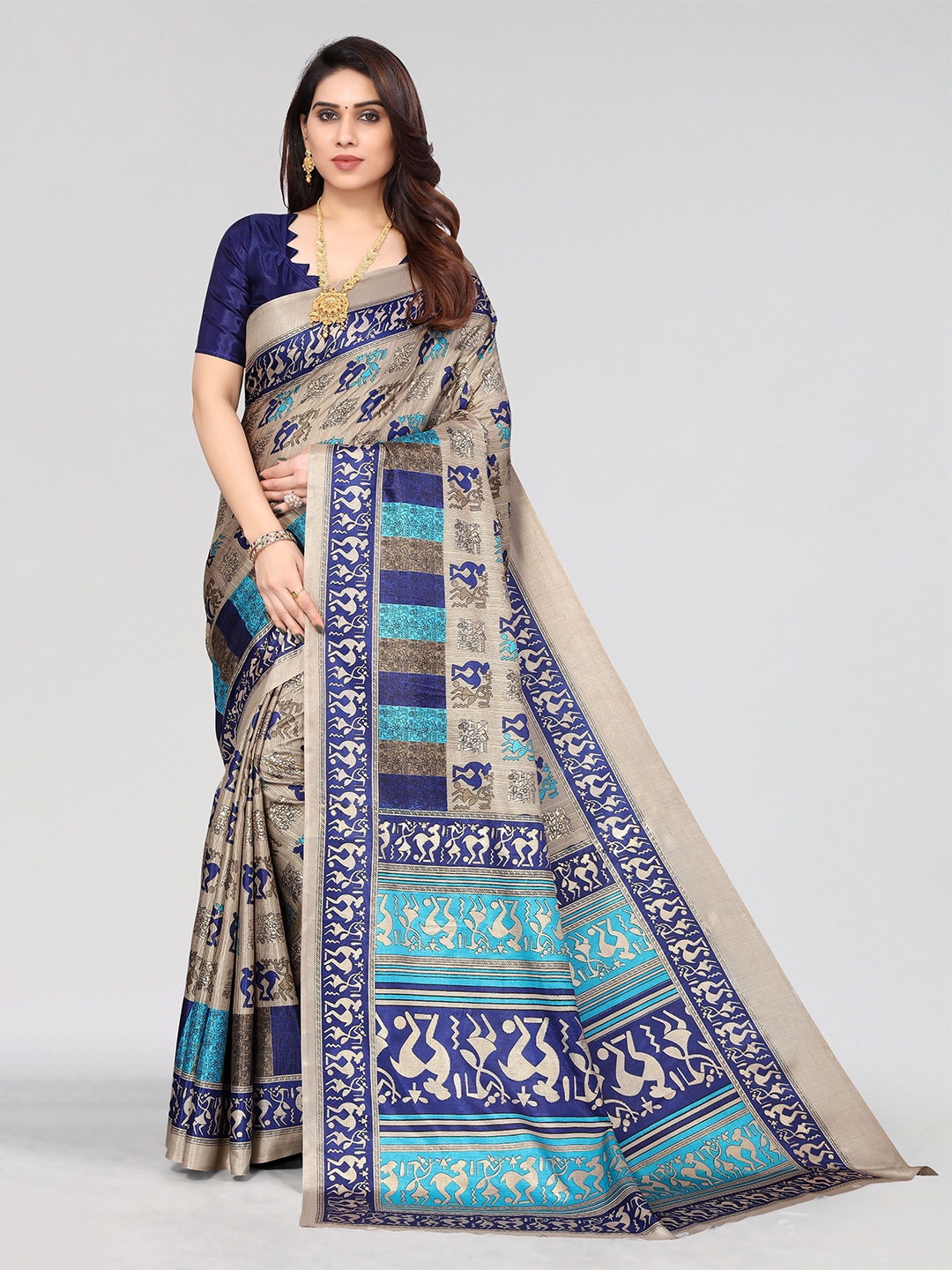 

VIRICA Ethnic Motifs Printed Saree With Blouse Piece, Blue