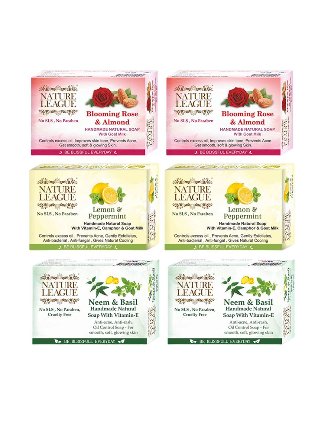 

NATURE LEAGUE Set Of 6 Blooming Rose Lemon Neem Nourishing Soap -100g Each, Green