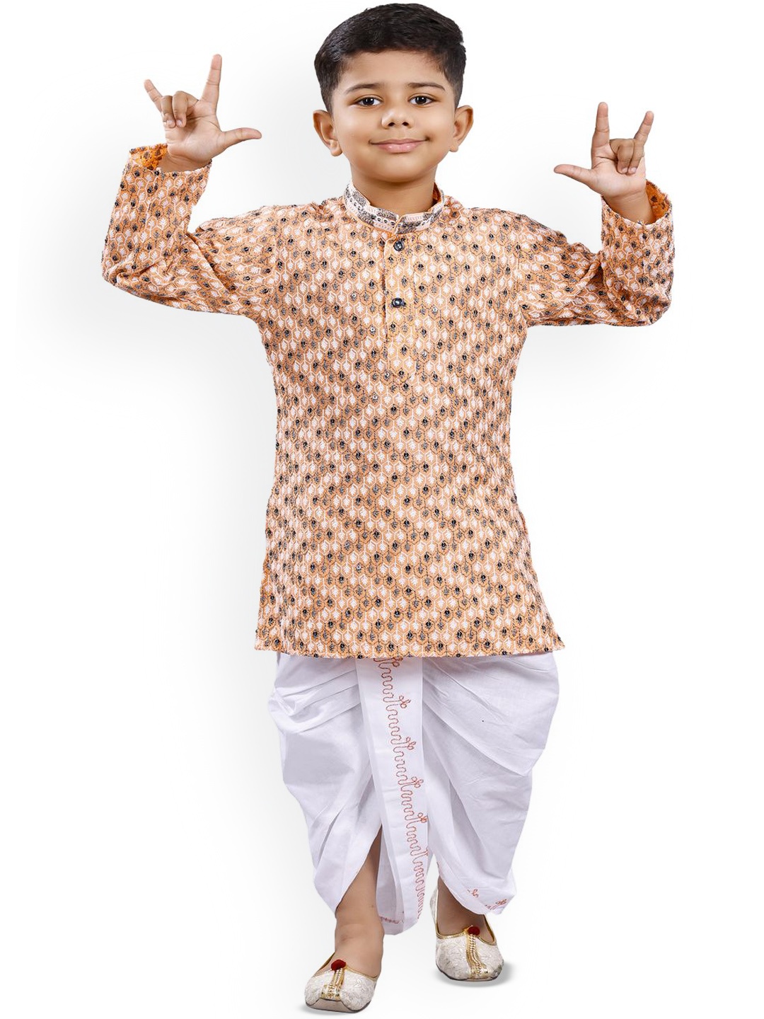 

BAESD Boys Ethnic Motifs Printed Thread Work Straight Kurta With Dhoti Pants, Orange